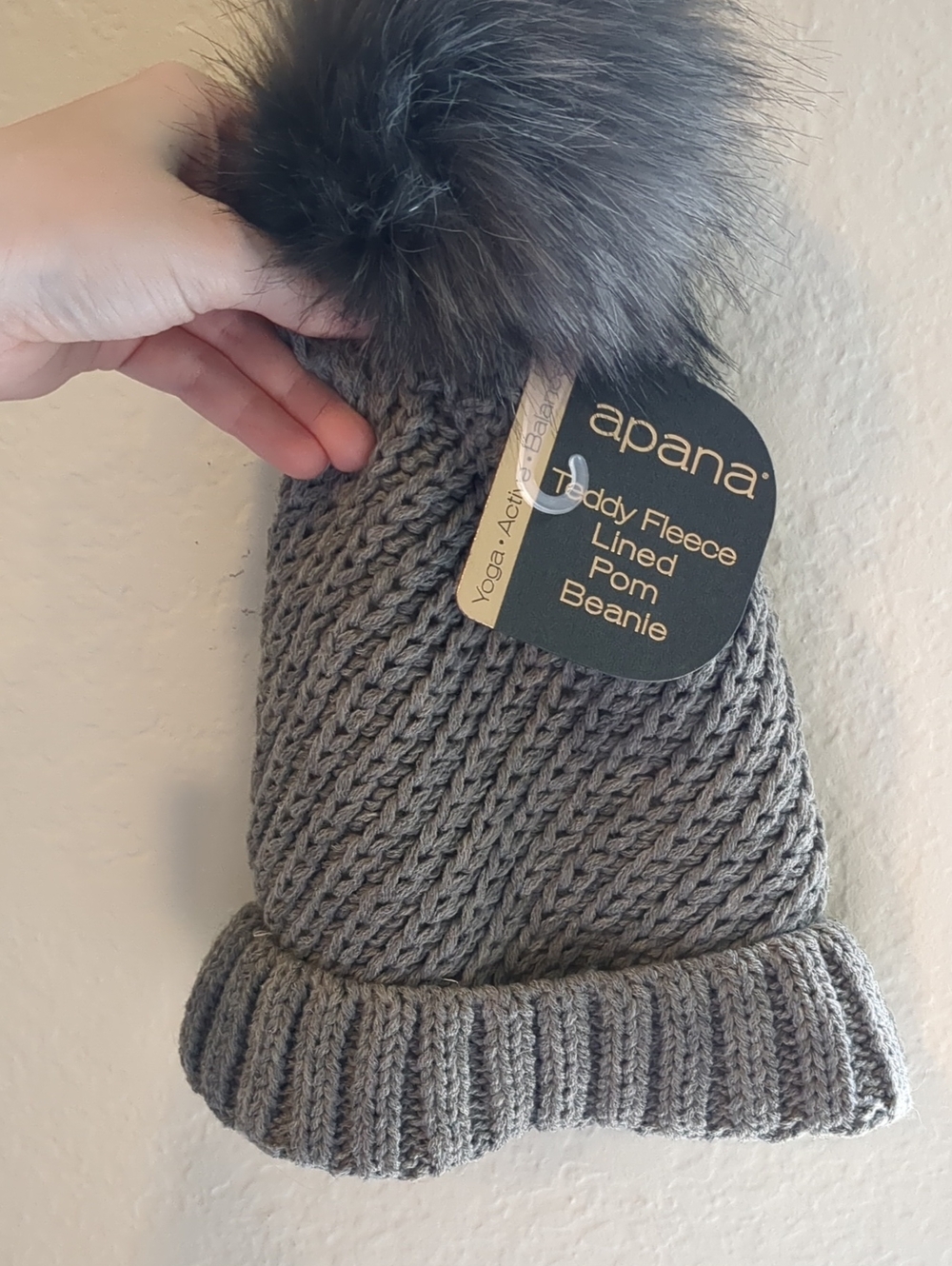 NWT Grey Knit Pom Beanie with Teddy Fleece Lining